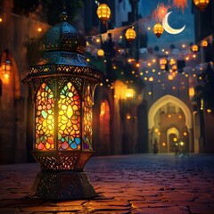 Magical Ramadan scene with traditional Egyptian lantern in Cairo street - Ramadan 2025