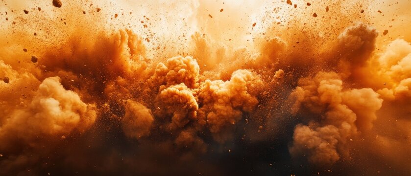 Dramatic explosion of orange dust particles in dynamic motion creating a powerful and intense visual impact with a warm color palette