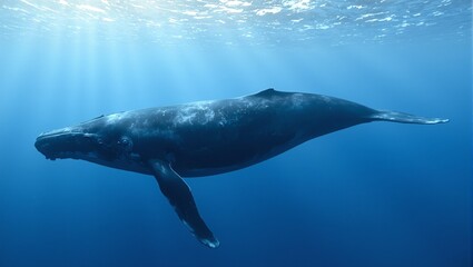 Naklejka premium Majestic blue whale swimming underwater tail fin gracefully arcing