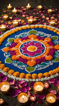 Colorful and intricate rangoli design adorned with vibrant flowers and surrounded by glowing candles, symbolizing celebration, tradition, and cultural festivities in a warm and festive atmosphere.