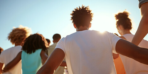 Back View of Diverse Group of Young Adults Outdoors, Arms Linked