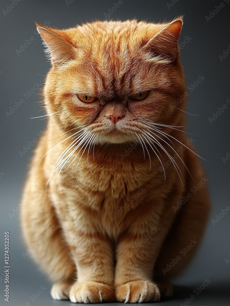 Poster adorable ginger cat with expressive face sitting on gray background in studio setting capturing pet 