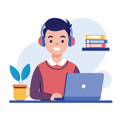 man in headphones, studying at laptop. Happy female student watching business webinar. Video conference call, remote work communication. Flat vector illustration isolated on white background