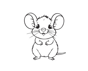 Line art illustration, black and white, simple background, easily colorable. Adorable mouse with charming features, volumetric lighting, light beams through dust or fog, Vector.