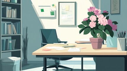Office Interior Scene with Plants and Desk