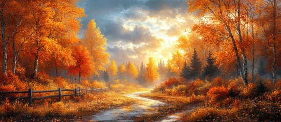 Autumnal path through vibrant forest with sunset.