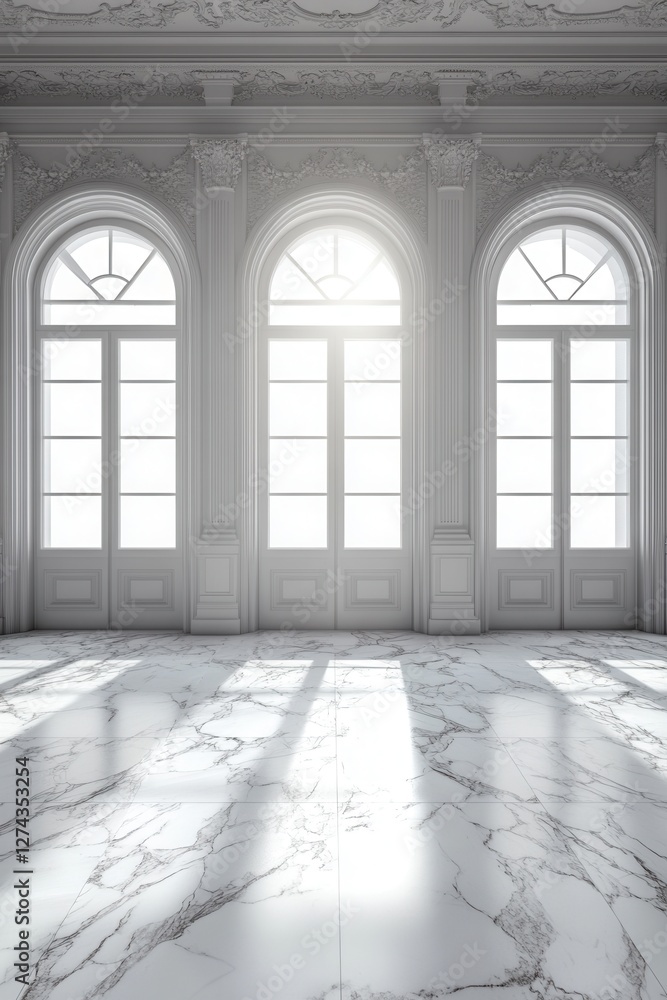 Poster elegant interior with marble floor and arched windows casting light creating a bright and spacious a