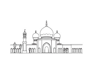 Timeless and elegant Ramadan Kareem design using black and white line art. Bird’s eye view, clear background, and simple, easily colorable lines, Vector.