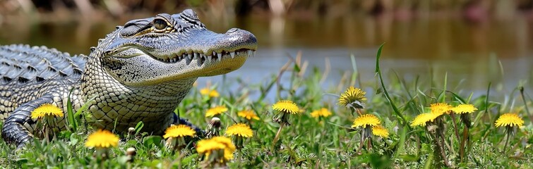 Fototapeta premium Wildlife Photography Of A Crocodile, Animal Photography, Crocodile Close-up. Young Alligator Lounging in Lush Green Foliage .
