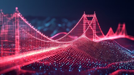 A futuristic digital bridge made of glowing red neon data points, stretching across a virtual landscape in a cyberpunk setting. Abstract technology concept. AI generative.