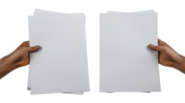 White Paper Sheets in Hands Clean Mockup for Flyer and Presentation Design, isolated on transparent background.