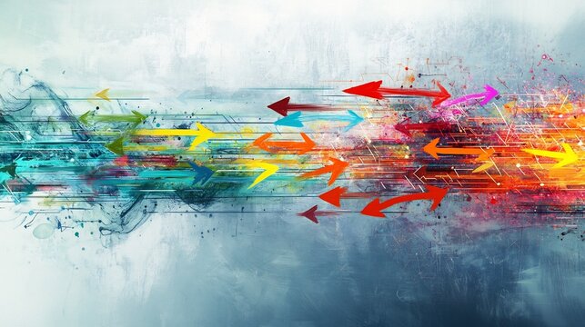 Artistic rendering of lead generation tactics for enterprise sales depicted with a dynamic flow of symbolic arrows and connections