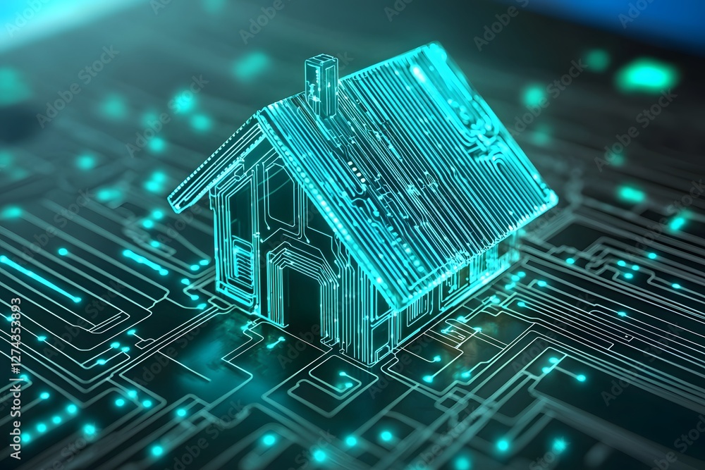 Poster smart home: a digital rendering of a house is interconnected to a circuit board, representing the co