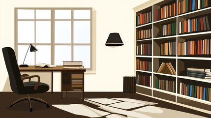 Home study with bookshelves and window