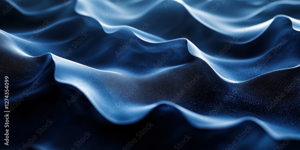 Poster flowing waves of blue fabric create an elegant texture in soft light, conveying a sense of fluidity 
