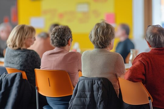 Image shows participants focused on discussion during local authority planning meeting, emphasizing building permit process. Concept engages community in local authority planning meeting