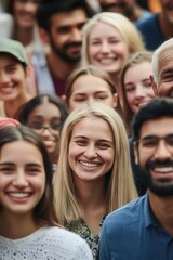 Obraz premium Diverse group of smiling people showcasing unity and friendship in vibrant outdoor setting, perfect for community and social connection themes