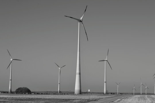 Wind farm with wind turbines or wind mills provide renewable electricity, black and white picture - Powered by Adobe