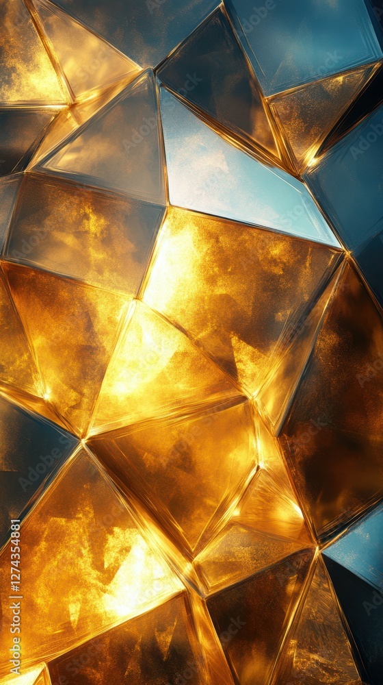 Poster reflections of light and texture create an abstract composition in golden and blue hues