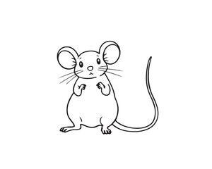 Line art illustration, black and white, simple background, easily colorable. Adorable mouse with charming features, volumetric lighting, light beams through dust or fog, Vector.