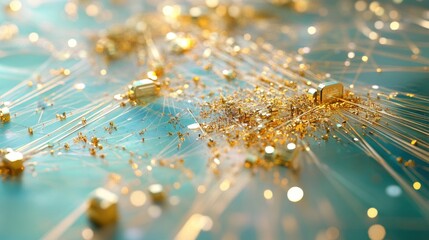 Abstract close-up of golden particles and fibers creating a dynamic network on a turquoise background