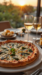 Gourmet spinach and ricotta pizza on dining table at sunset, culinary elegance