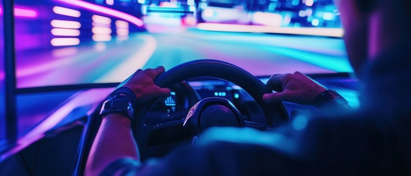 Driving simulation experience in neon lights, virtual racing game with immersive environment and dynamic visuals for gaming enthusiasts.