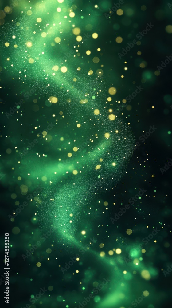 Poster swirling green and gold particles create a mesmerizing effect in a mystical abstract setting
