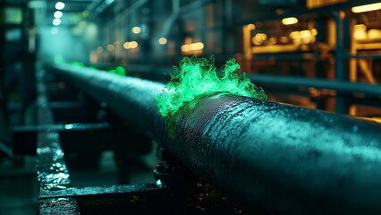 Toxic green gas leaking from the pipeline in a manufacturing plant, industrial setting with interconnected pipes, dangerous and poisonous atmosphere