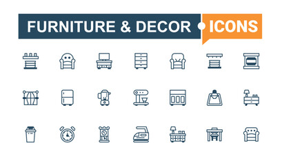 Furniture & Decor icons set in linear style. It contains symbols to kitchen, bed, table, shower, furnishing, fireplace, cabinet and more. Outline icon collection. Solid line editable stroke.
