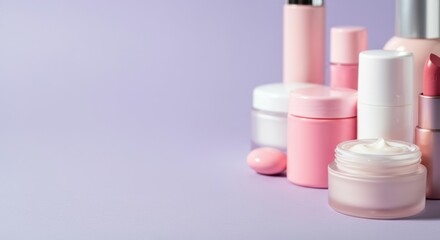 Assorted pink cosmetic products arranged on a pastel purple background with copyspace