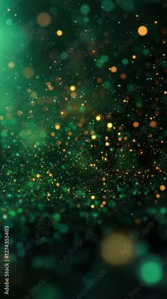 Poster sparkling green and gold particles create a magical atmosphere in a dark setting