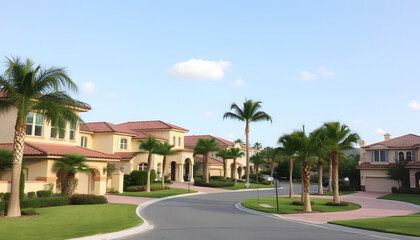 Fototapeta premium Residential community with modern homes and palm trees, symbolizing suburban living, neighborhood development, and contemporary housing lifestyle.