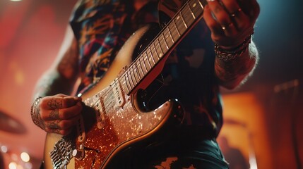 Naklejka premium Electric guitar performance on stage with musician playing live music at a concert, vibrant rock atmosphere, entertainment and live event photography