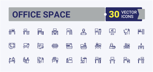 Office Space minimal icon set. Related to technology, laptop, support, clock, workplace and more. Web icons. Solid line editable stroke.