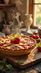 Naklejka premium Warm strawberry rhubarb pie steaming in rustic kitchen at sunrise, comfort food