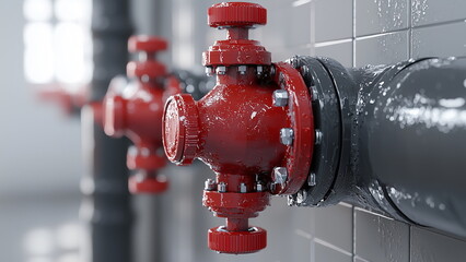 Red valve to control the flow of liquid or gas in a grey pvc pipe on the wall