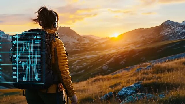 Hiker with headphones observing a sunset over mountains, with digital data overlay, showcasing nature