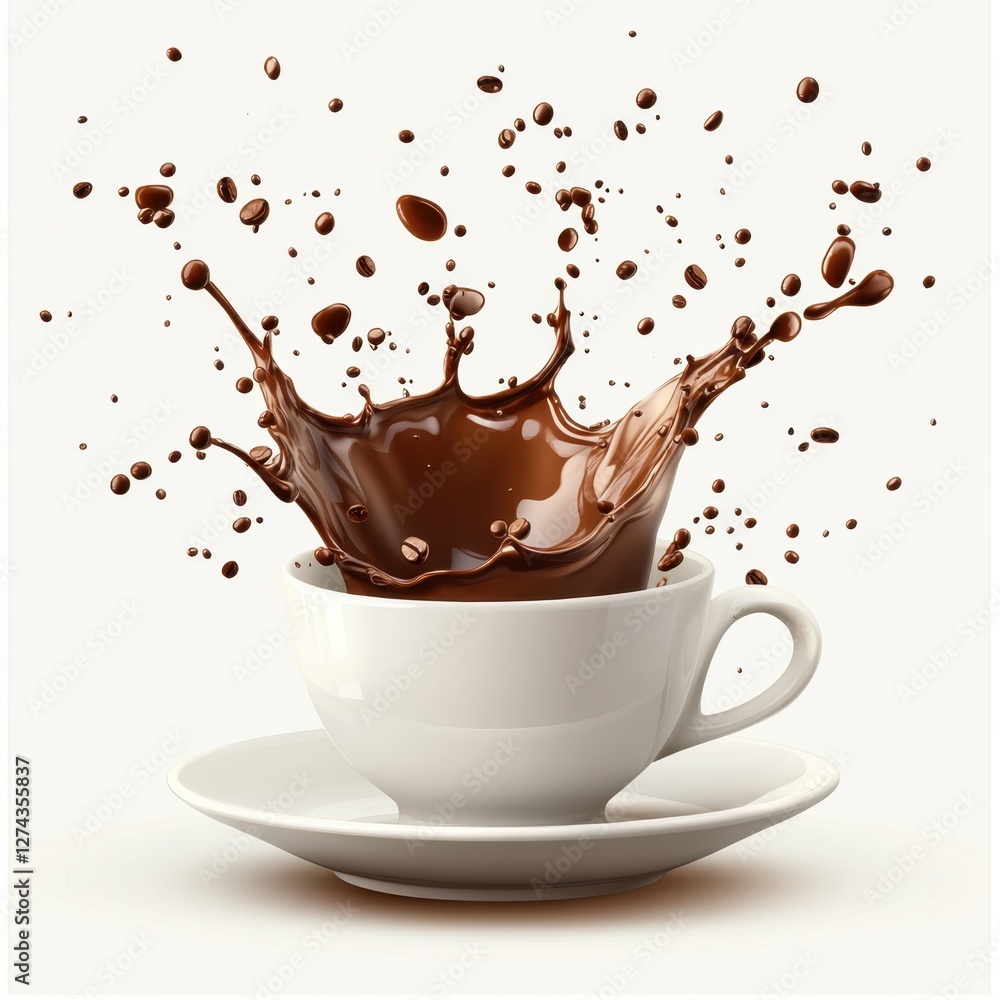 Poster captivating chocolate explosion in a pristine white cup on saucer against a clean backdrop creating 