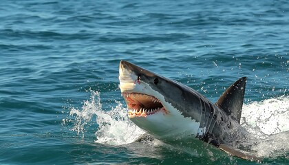 Fototapeta premium A close-up of a great white shark emerging from the water, showcasing its teeth and powerful presence. Large white shark Ready to attack its prey.