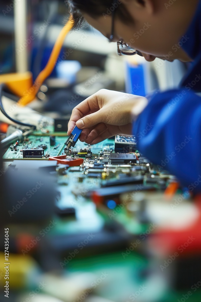 Poster electronics repair technician working on circuit board in a workshop, soldering components and troub
