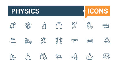 Physics line icons. It contains symbols to nuclear, wave, texture, lens, theory and more. Minimalistic icons. Editable stroke. Vector illustration.