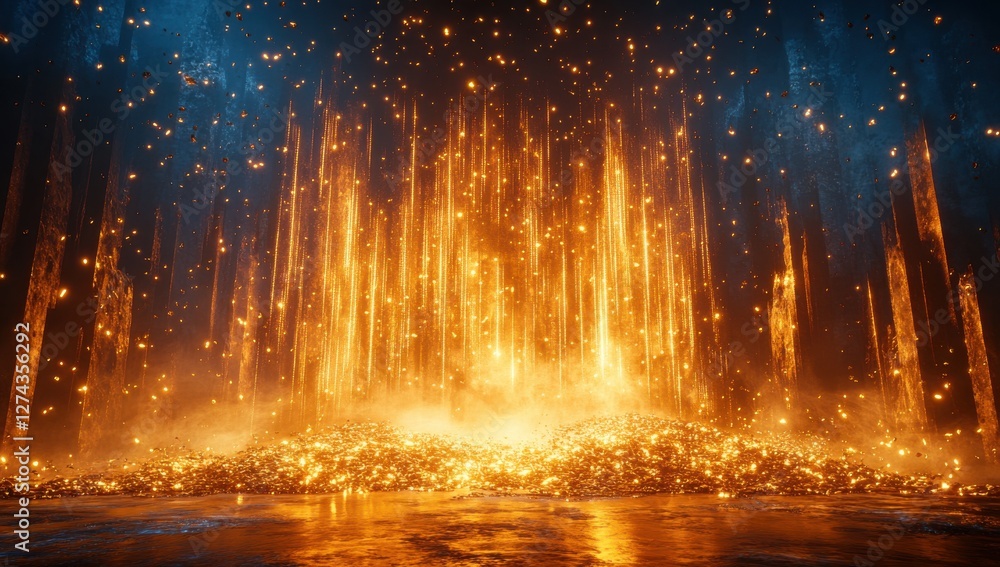Poster radiant glow of sparks and shimmering light emanating from the ground in a mystical environment with