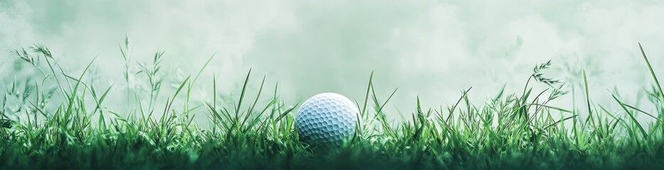 Fototapeta premium Golf ball on dewy grass, misty background. Sports website banner