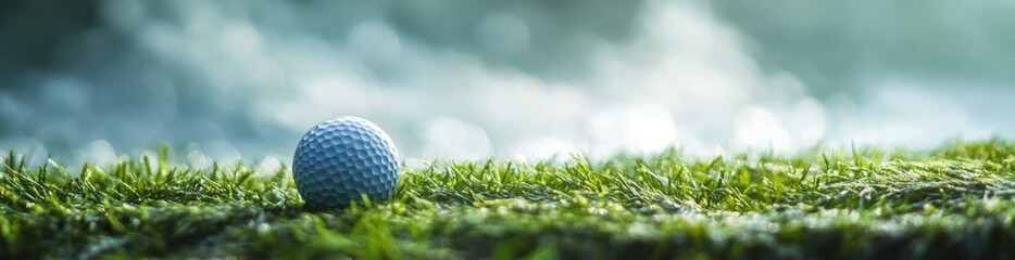 Fototapeta premium Golf ball on dewy grass, misty background, sunrise, sport