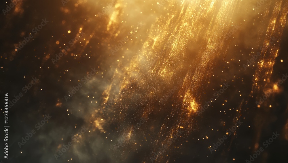 Poster Radiant particles cascade through dark space, creating a mesmerizing golden glow with sparkling dust and ethereal light effects enhancing the atmosphere