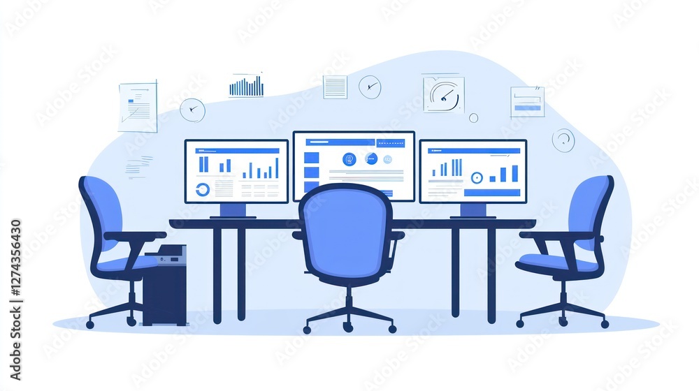 Aufkleber office workspace with monitors displaying data