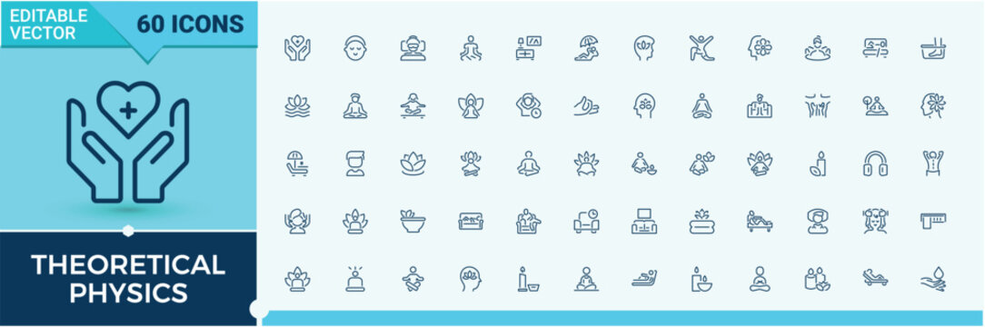 Theoretical Physics set of modern icons. Featuring texture, theory, mathematic, mathematics, quantum, microscope and more. Collection for mobile and web apps. Editable stroke.