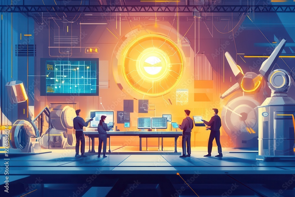 Poster a group of engineers working on renewable energy projects in a futuristic laboratory .