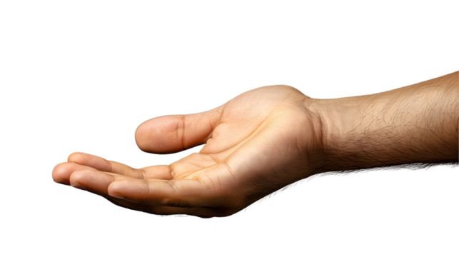 Open Hand Reaching Out Palm Upward Gesture, Help and Care Theme with Detailed Skin, isolated on transparent background.